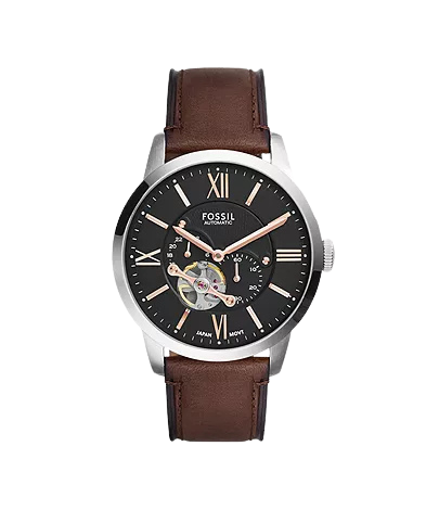 Fossil Men Townsman Automatic Stainless Steel and Leather Two-Hand Skeleton Watch